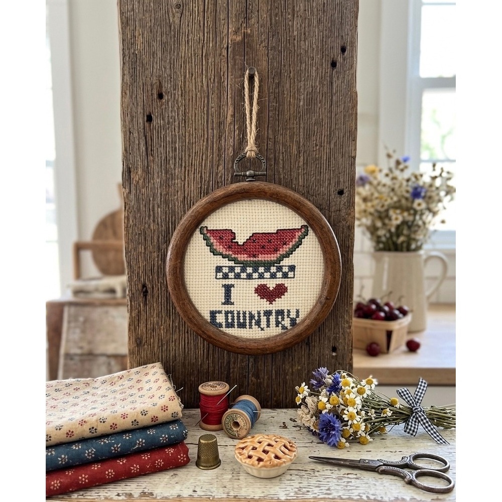 Vintage Handmade Cross Stitch Watermelon I Heart‎ Country Wood Frame Wall Art